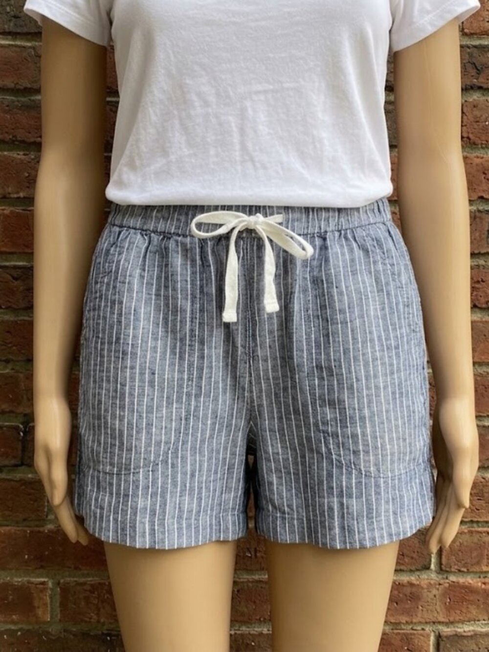 Quince Navy and White Vertical Stripe Drawstring Shorts